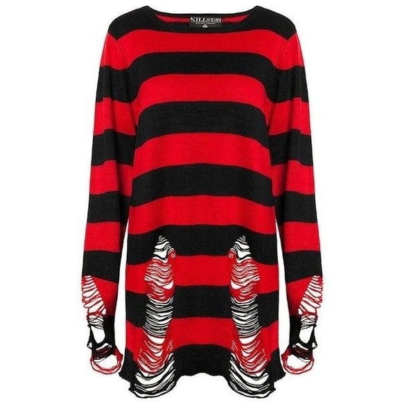 Killstar Sweaters - Killstar Krueger Knit Sweater Top Black Red Stripe